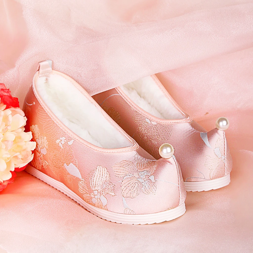 七月荷汉服鞋 春季新款 翘头内增高古风女布鞋粉色防滑保暖