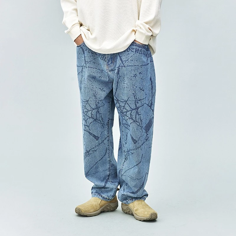 REOCHA热呈22AW蜘蛛网涂鸦洗水印花牛仔长裤