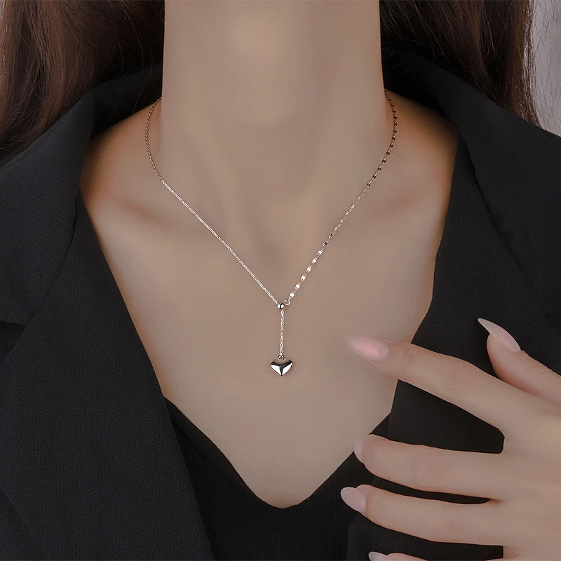 坠链均足银 999足银爱心流苏心形吊坠抽拉式锁骨链百搭