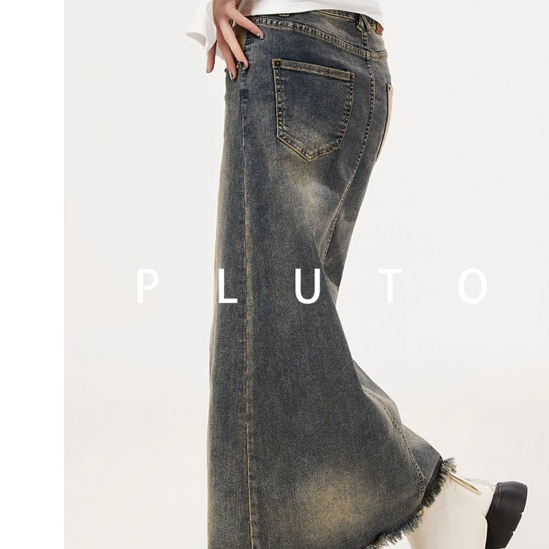 美式复古牛仔裙半身裙女小个子包臀裙设计感小众直筒流苏高腰长裙