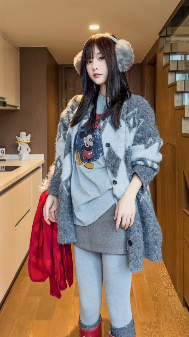 SISTER姐妹家【浮光掠影】秋冬复古菱形格纹宽松慵懒加厚毛衣外套女