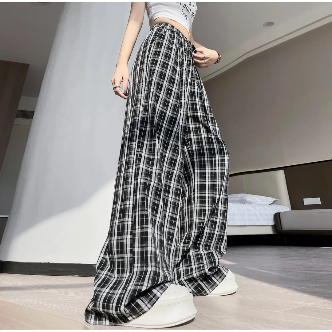 2024新款垂感休闲百搭中高腰舒适显瘦时尚宽松黑白格子男女裤#S2