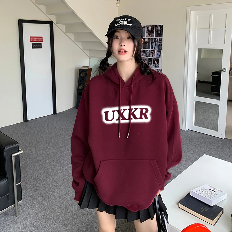 美式复古字母印花连帽卫衣女宽松韩版hiphop潮牌外套秋冬季#T6797