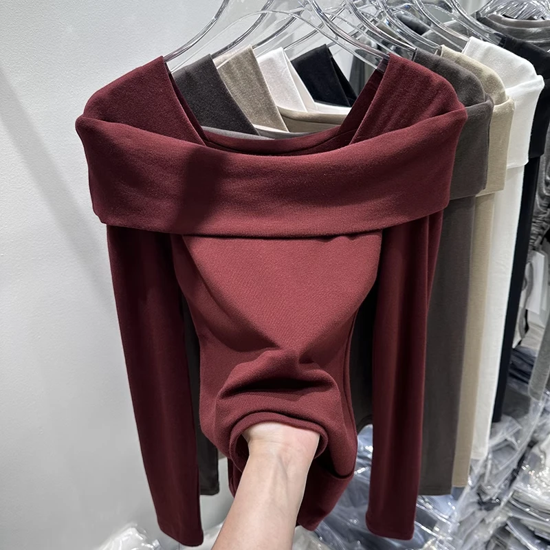 德绒纯欲辣妹修身露肩一字领小心机秋冬新款长袖打底衫T