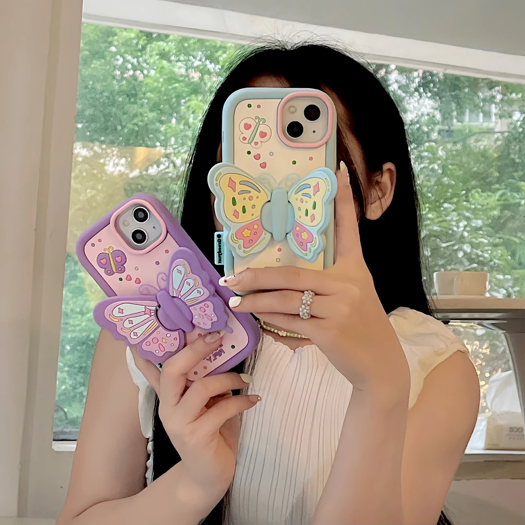 适用[苹果]蓝紫蝴蝶支架iPhone15promax手机壳14液态硅胶13全包11