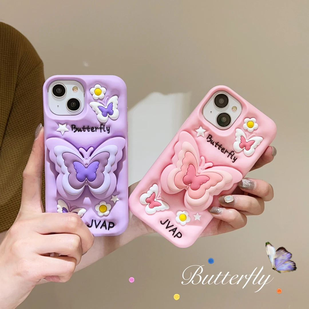 适用[苹果/华为]粉紫蝴蝶支架iPhone14手机壳13液态硅胶12全包P60