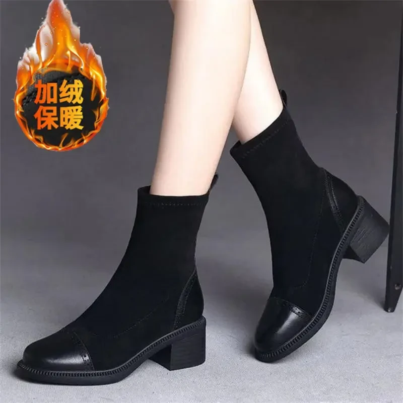 【清断码】2024秋冬新款显瘦增高厚底短靴粗跟弹力瘦瘦靴加绒女鞋子