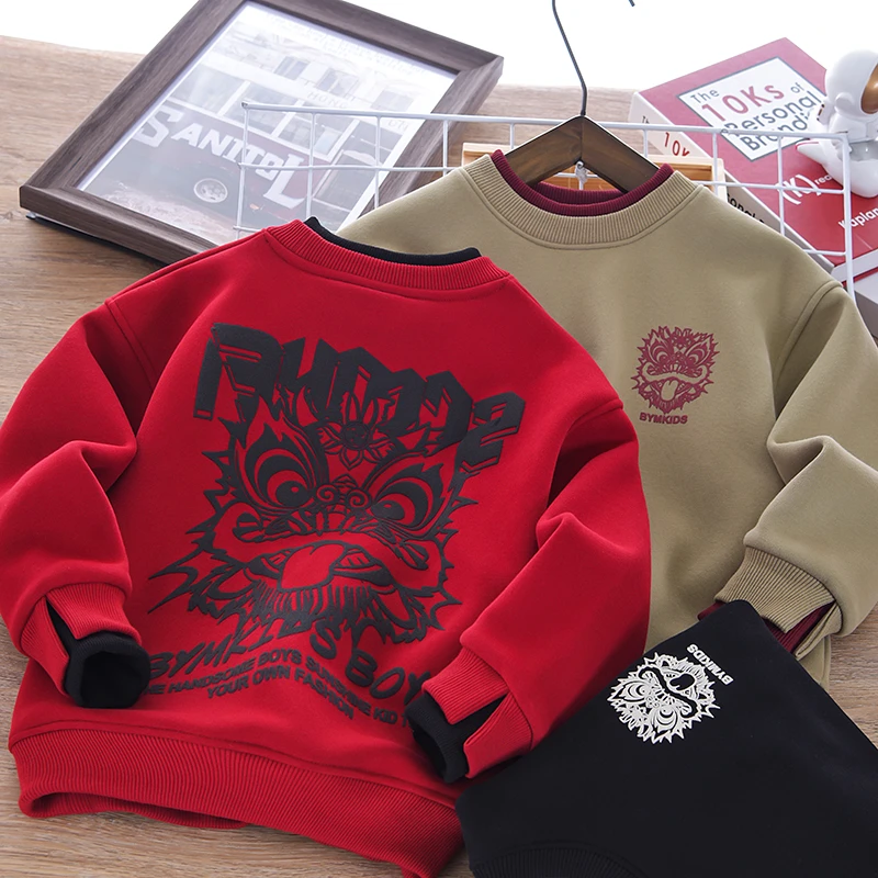 儿童新年加绒国潮假两件圆领卫衣秋冬一体绒冬季童装DTXF-23278