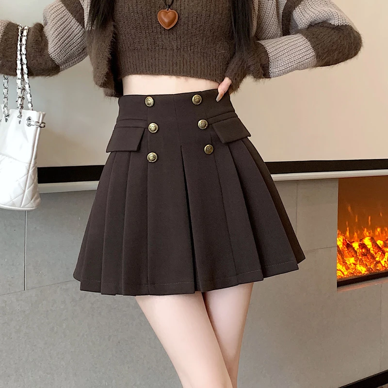 时尚双排扣毛呢百褶裙女秋冬新款减龄学院风短裙高腰a字半身靴裙