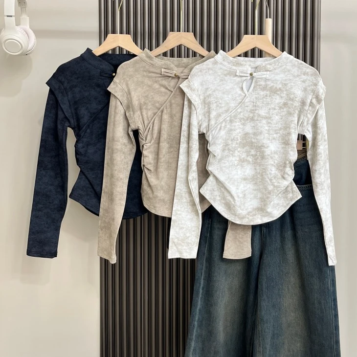 眼月【现货加绒】新中式盘扣扎染上衣国风立领褶皱内搭长袖T恤