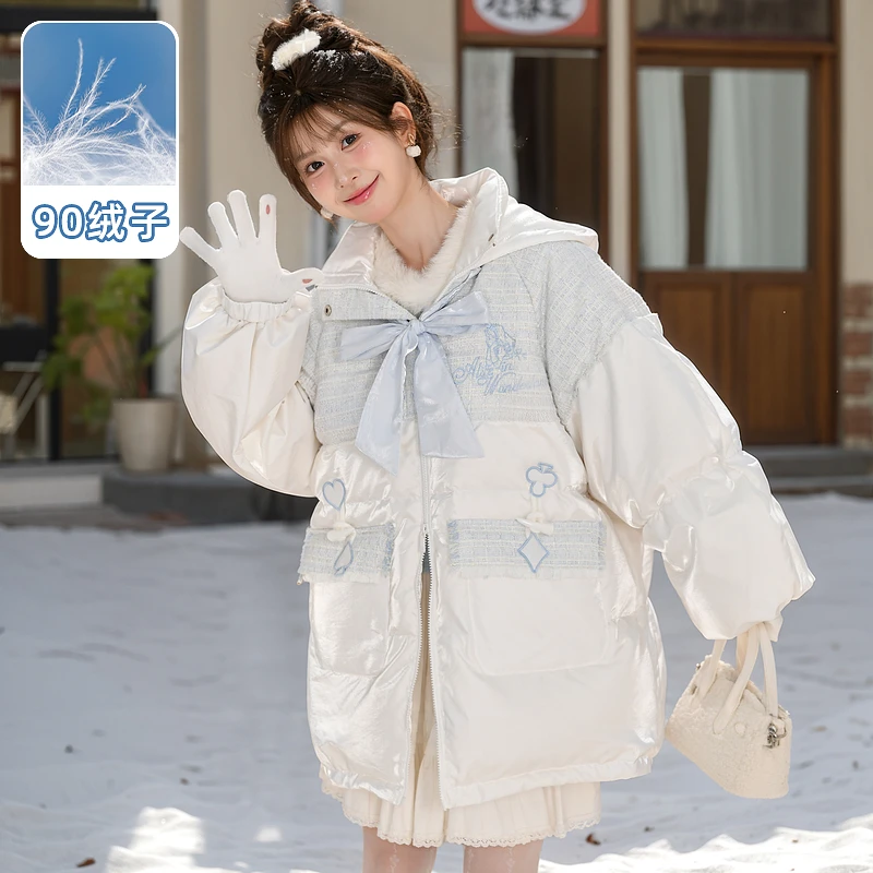 【保暖羽绒服】森女部落原创爱丽丝白鸭绒绒粗花呢小香风拼接外套