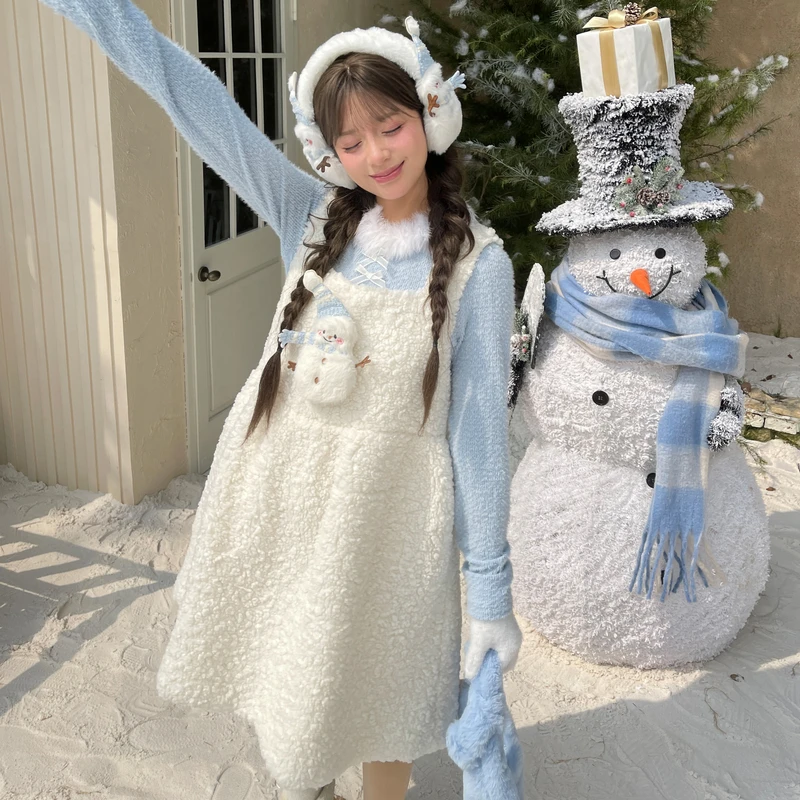 森女部落原创雪人羊羔绒背带裙A字秋冬连衣裙2025年新款女装秋冬