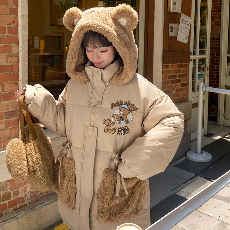 森女部落原创可爱小熊棉衣中长款棉服外套萌2024年新款女装秋冬款