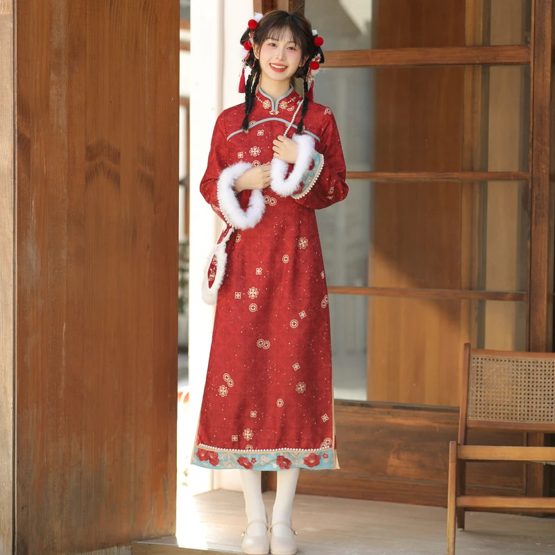 森女部落原创红色印花24K新年战袍氛围感中国风旗袍连衣裙闺蜜装