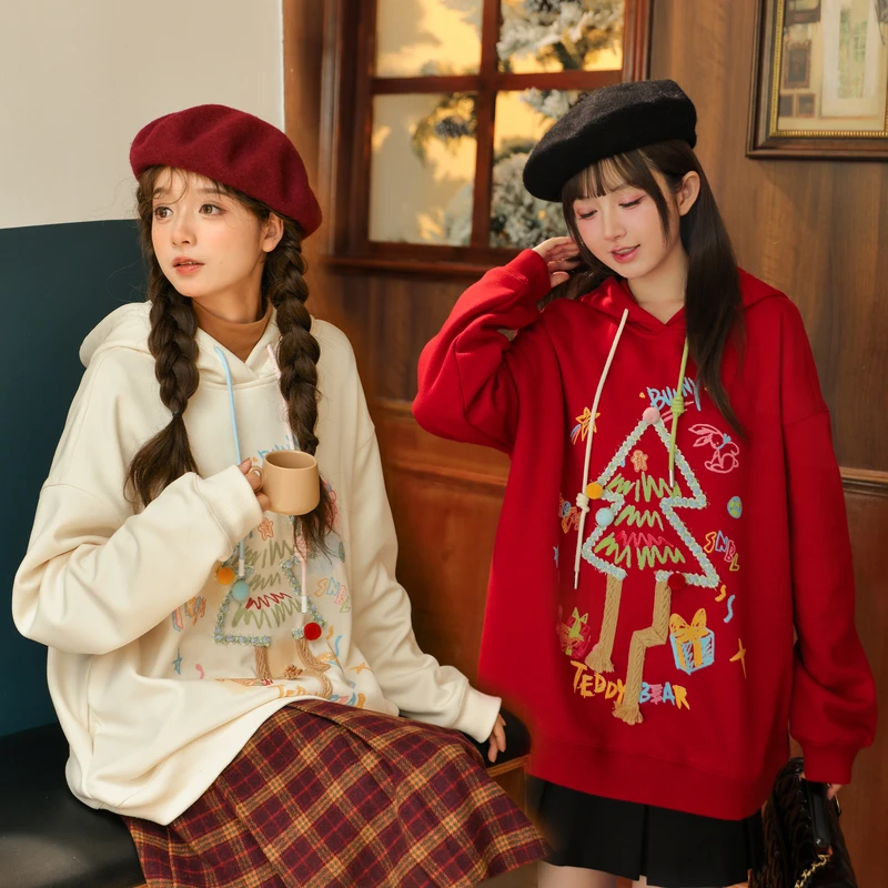 森女部落原创红色氛围感显白加绒套头连帽卫衣闺蜜装