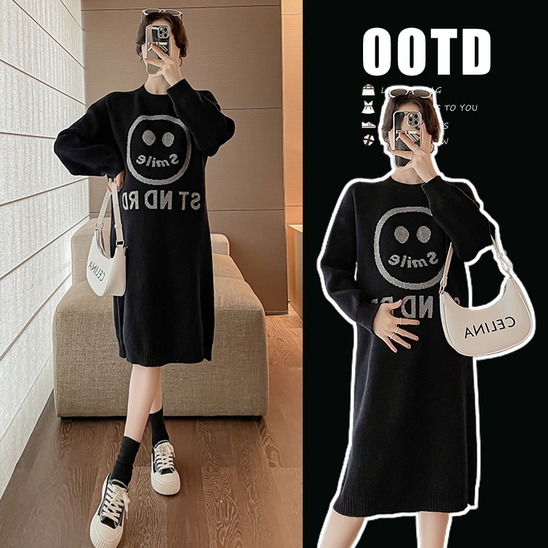 2023秋冬新款孕妇连衣裙笑脸加厚宽松设计感慵懒风针织毛衣裙中长