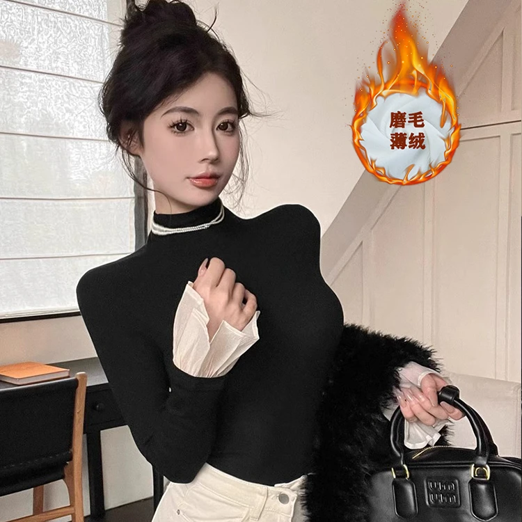 半高领内搭磨毛打底衫女秋冬长袖修身显瘦拼接喇叭袖T恤韩系上衣