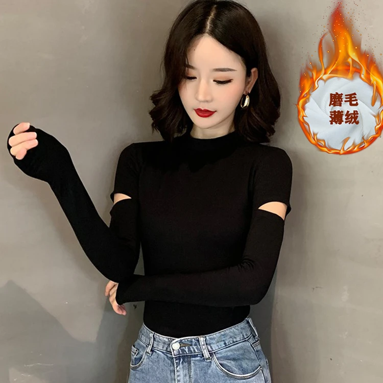 半高领洋气长袖内搭磨毛打底衫女秋冬季修身显瘦t恤简约破洞上衣