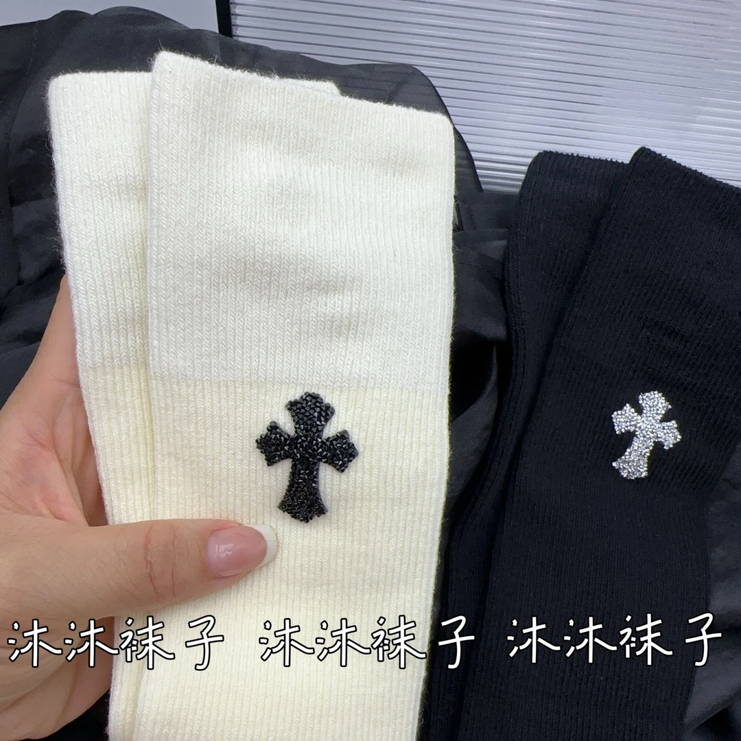 欧货水钻十字花2025秋冬新款小腿袜女纯棉黑色白色显瘦压力长筒袜