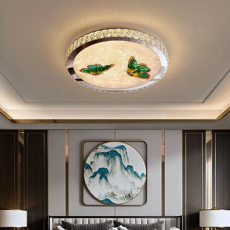 新中式水晶卧室灯珐琅彩灯饰圆形房间灯创意声控智能家用灯新