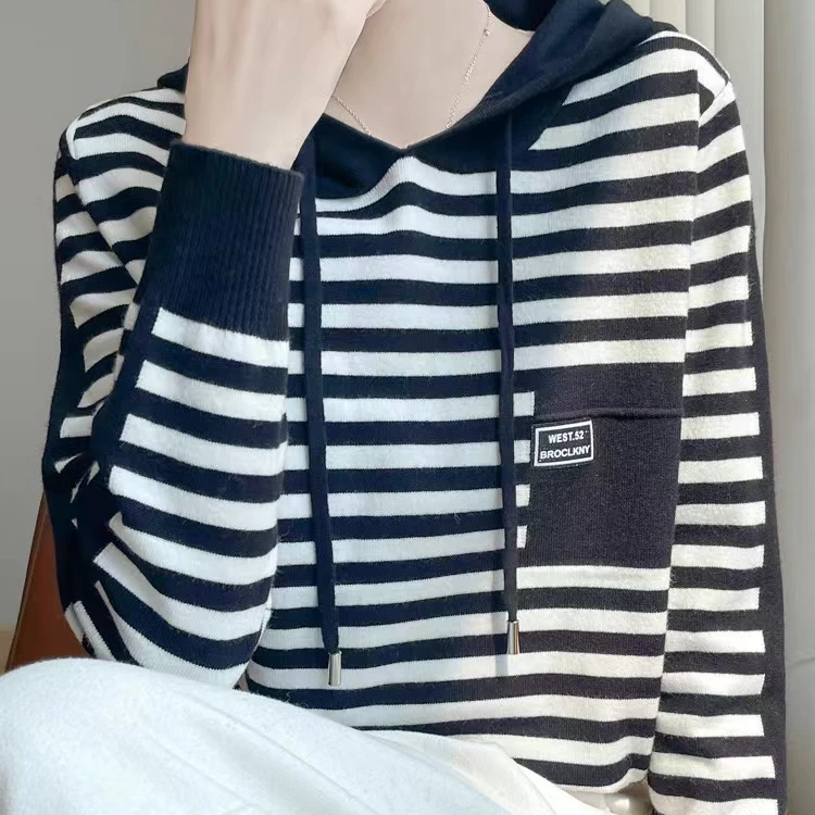 撞色条纹连帽针织卫衣女内搭外穿毛衣打底针织衫宽松上衣帽衫