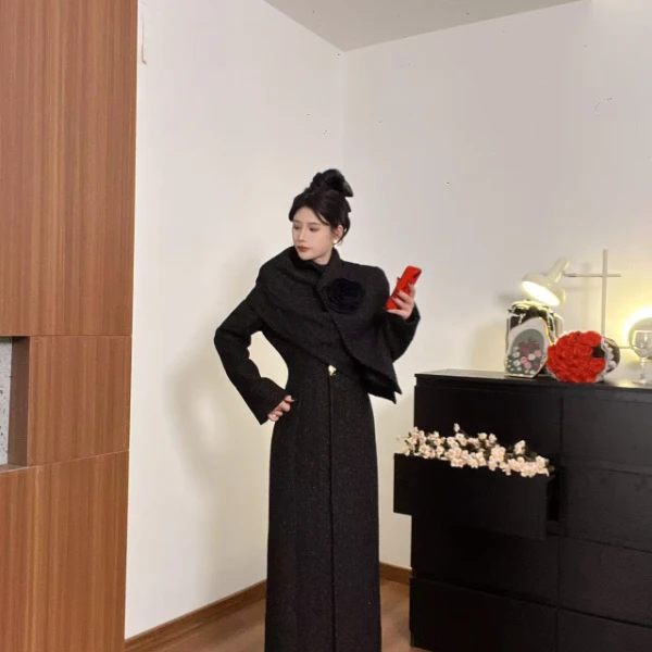 【天姐家】长款毛呢外套女2024新款冬季收腰披肩大衣STTYN407827