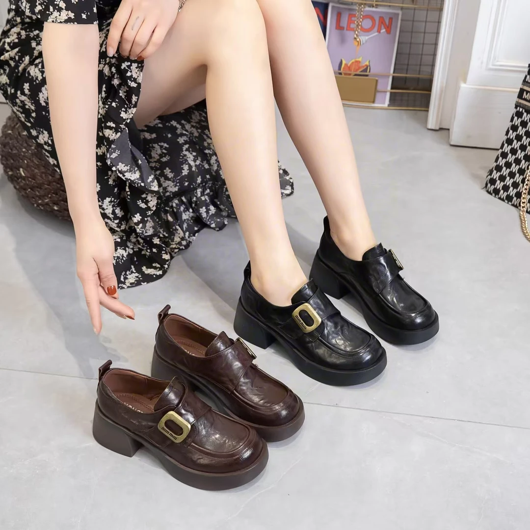 超轻厚底乐福鞋女真皮圆头粗跟中跟牛皮休闲单鞋女复古百搭6138-1