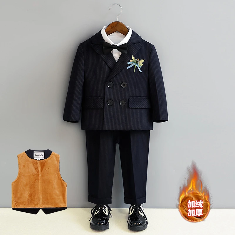 加绒加厚儿童小西装三件套小童秋冬男童礼服宝宝周岁礼服婚礼花童