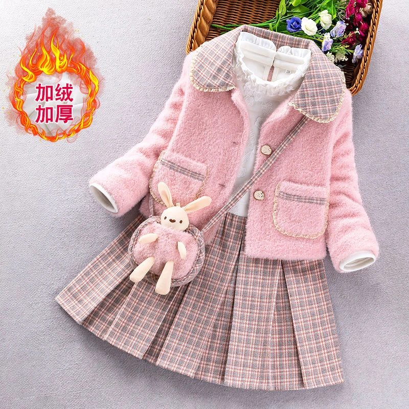 女童秋冬套装2022新品女孩加厚加绒连衣裙儿童学院风洋气两件套