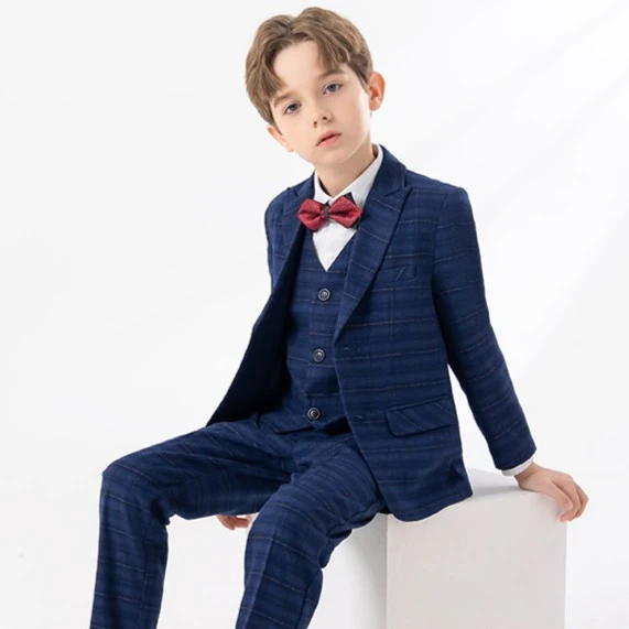 儿童西装礼服秋季英伦绅士格子小西服套装男童钢琴主持花童演出服