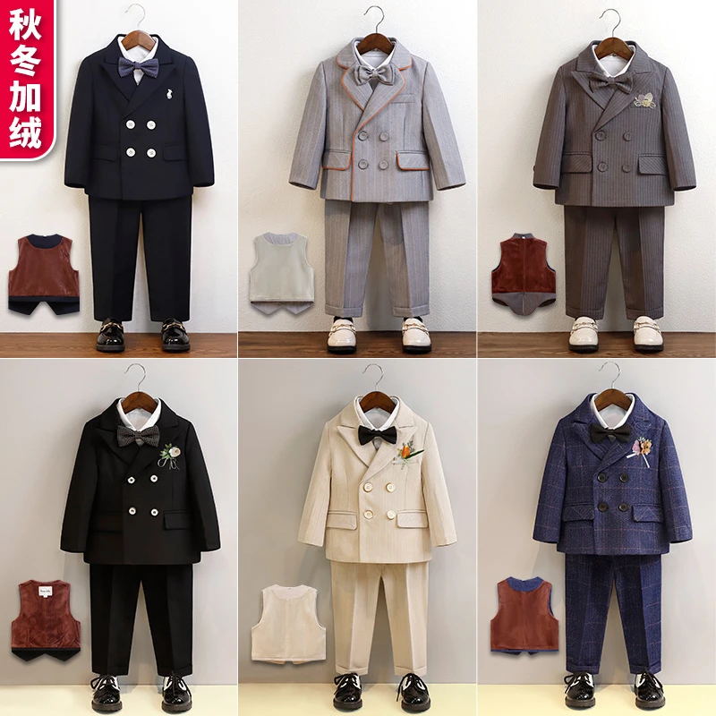 秋冬儿童加绒西装男童加厚小西服周岁花童礼服男孩钢琴主持演出服