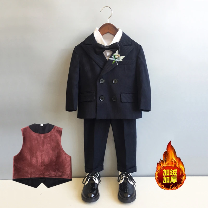 男童西装套装秋冬加绒花童婚礼服演出服中小童英伦表演服宝宝周岁