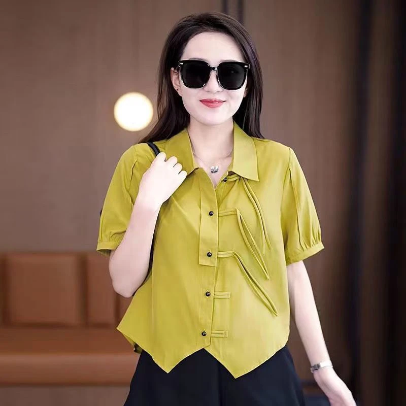 中国风短袖衬衫女2024年夏季新款宽松百搭气质遮肚子盘扣上衣小衫