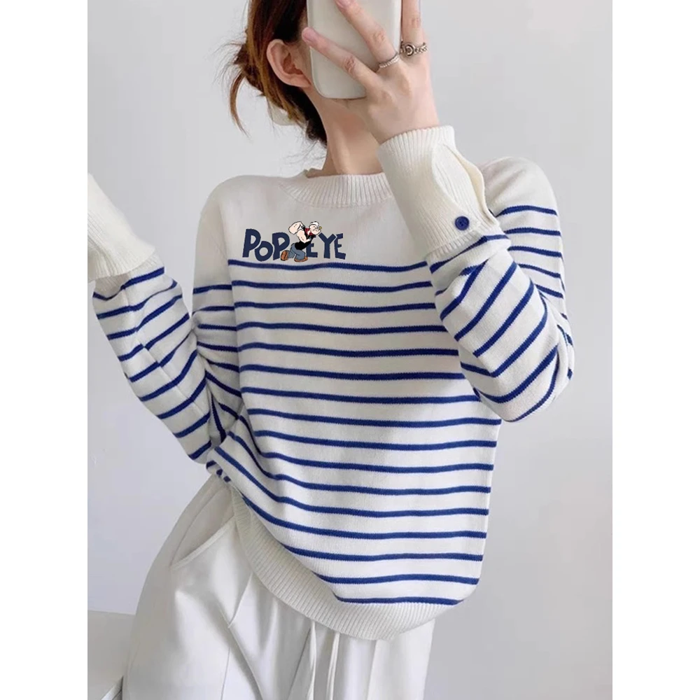 蓝色条纹字母针织衫女早秋穿搭圆领长袖上衣宽松显瘦洋气套头毛衣