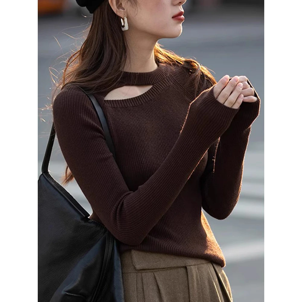 镂空针织打底衫女2024新款秋冬洋气减龄修身内搭咖色毛衣长袖上衣