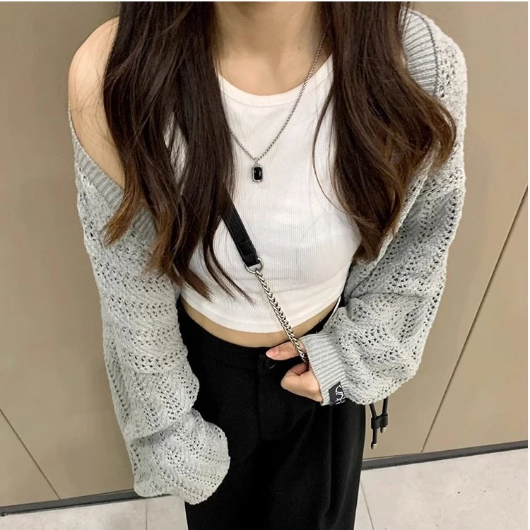 灰色镂空针织防晒开衫女薄款夏季披肩外搭罩衫慵懒宽松外套短上衣