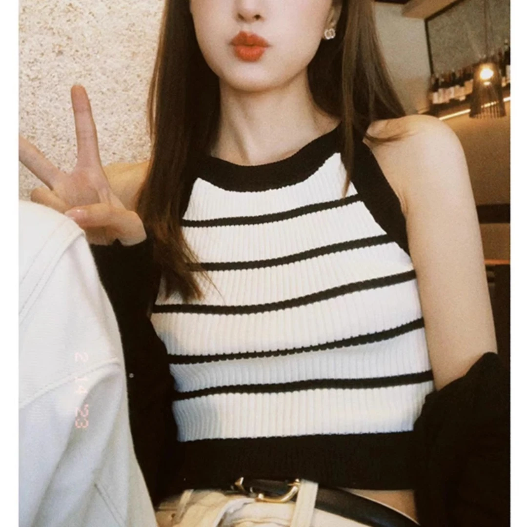 黑白条纹针织吊带背心女内搭夏季外穿设计感短款甜辣打底无袖上衣