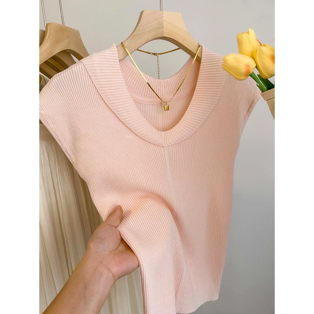 纯欲温柔风粉色针织短袖T恤女夏季薄款气质修身收腰短款v领上衣