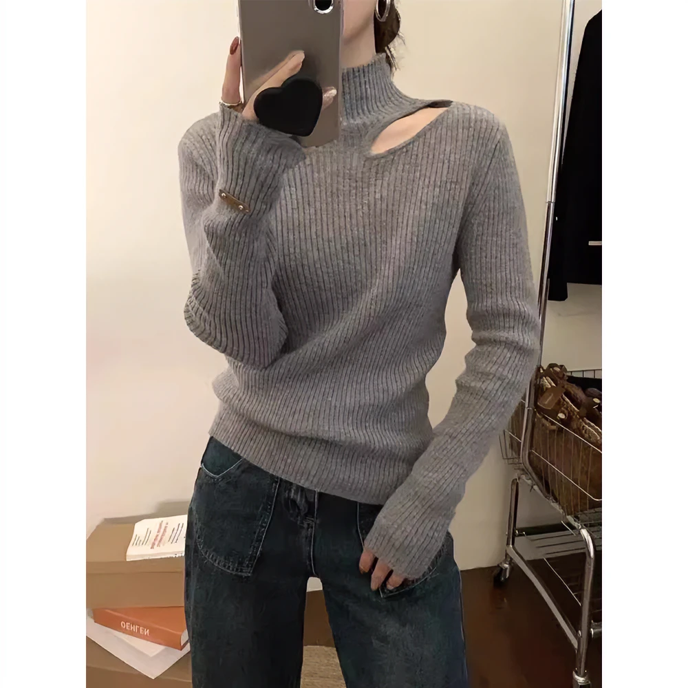 灰色时尚毛衣镂空针织打底衫女秋冬设计感小众修身长袖内搭上衣