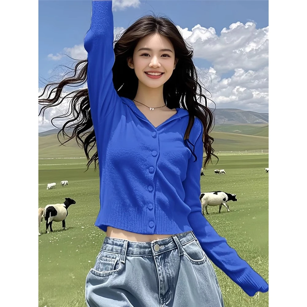 克莱因蓝连帽针织开衫女春秋穿搭修身显瘦长袖短款chic上衣欧若风