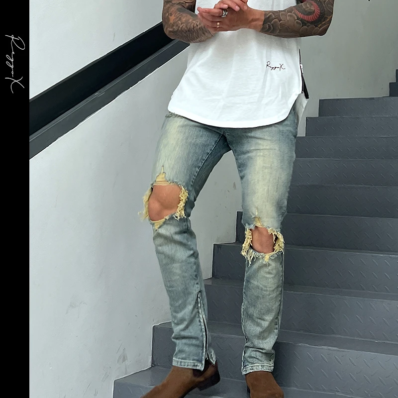 ReggoX 水洗丹宁直筒修身高街夏季休闲原色高弹手工破洞牛仔裤