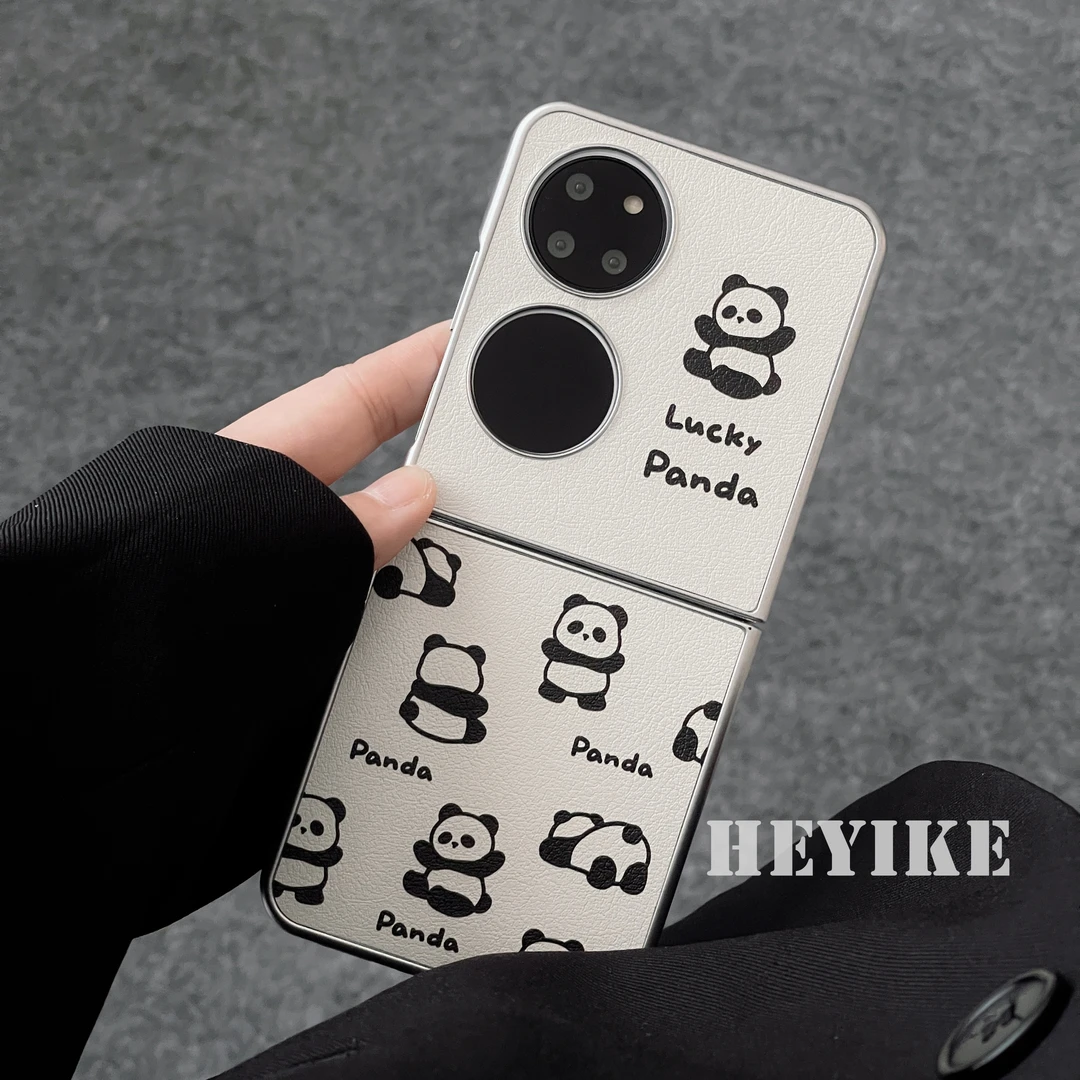 适用华为pocket2手机壳皮质国潮熊猫折叠P50pockets保护套防摔