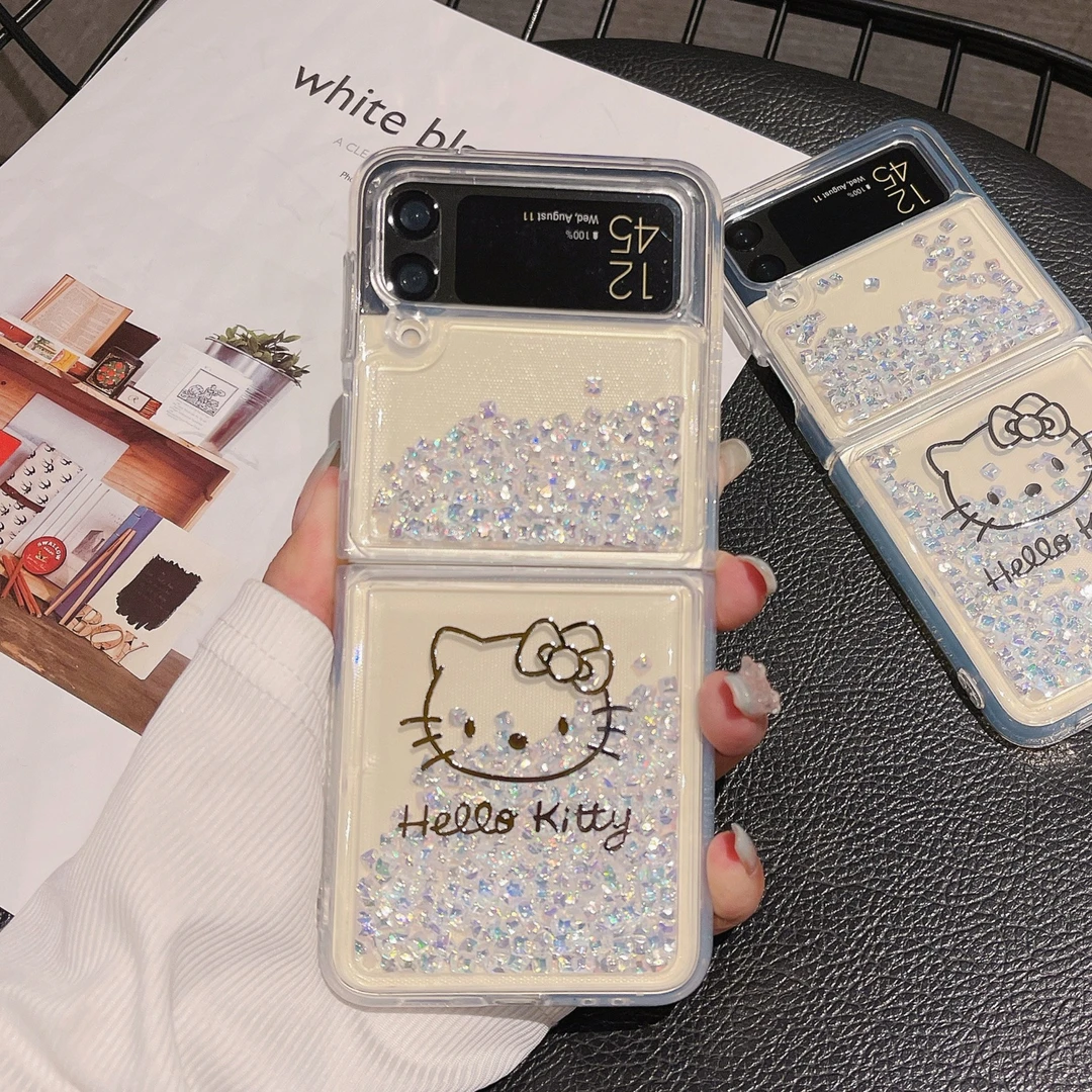 hellokitty创意闪粉流沙折叠手机壳适用三星zflip4 flip3全包防摔