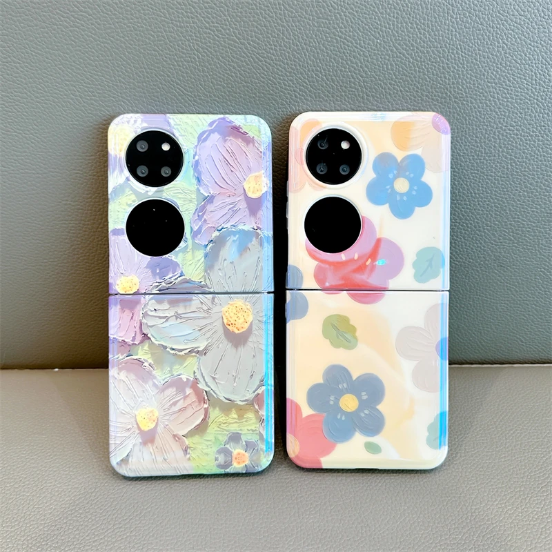 适用华为Pocket2夏日蓝光油画花朵折叠手机壳小众创意P50pocket
