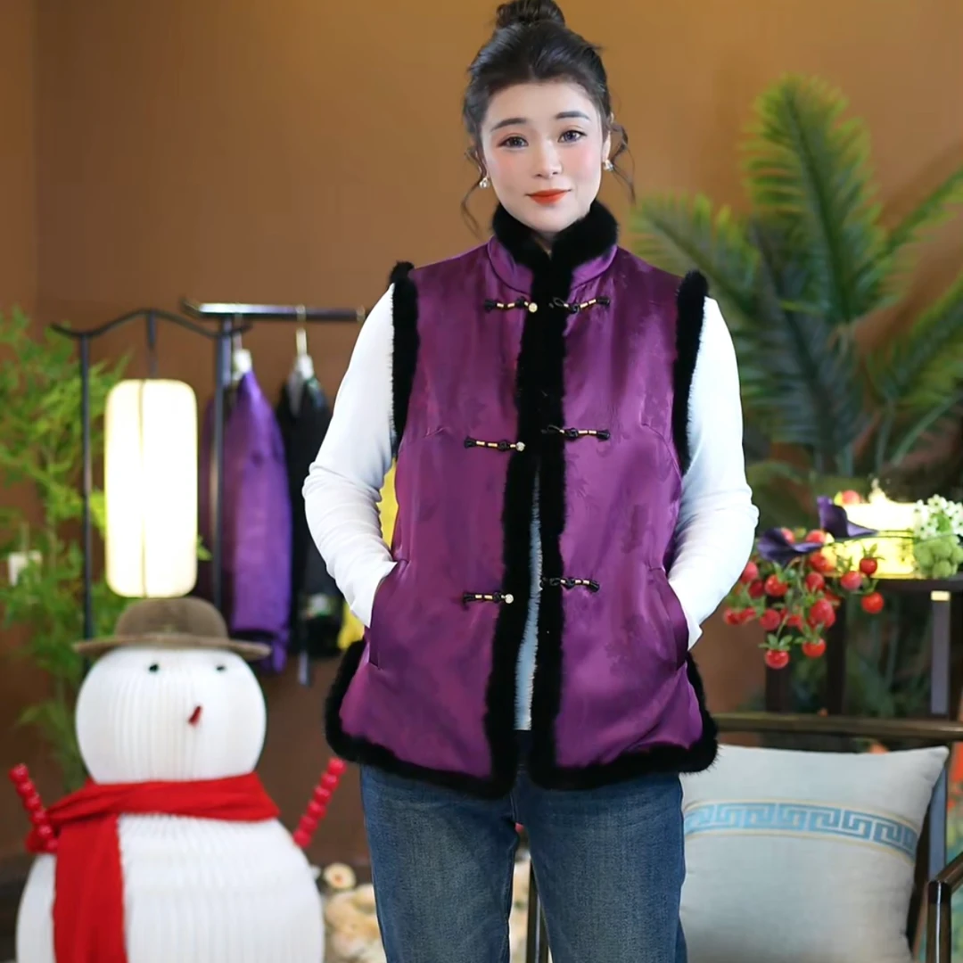 【苏唐韵】国风两面穿冠乐皱保暖马甲  新中式高档水貂毛桑蚕丝年服