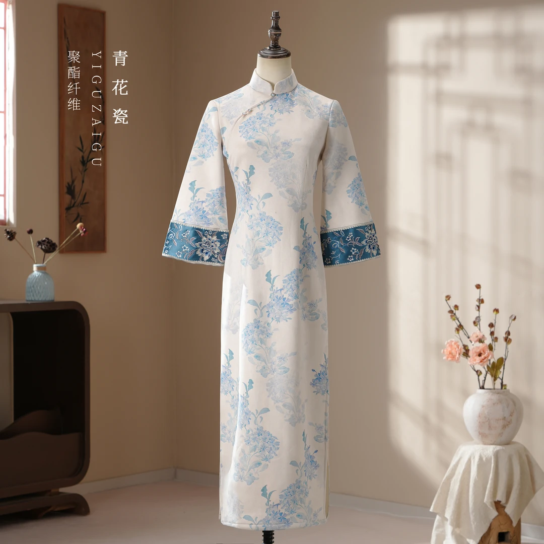 青花瓷/一顾再顾旗袍秋冬加绒加厚长袖国风文艺倒大袖有省收腰