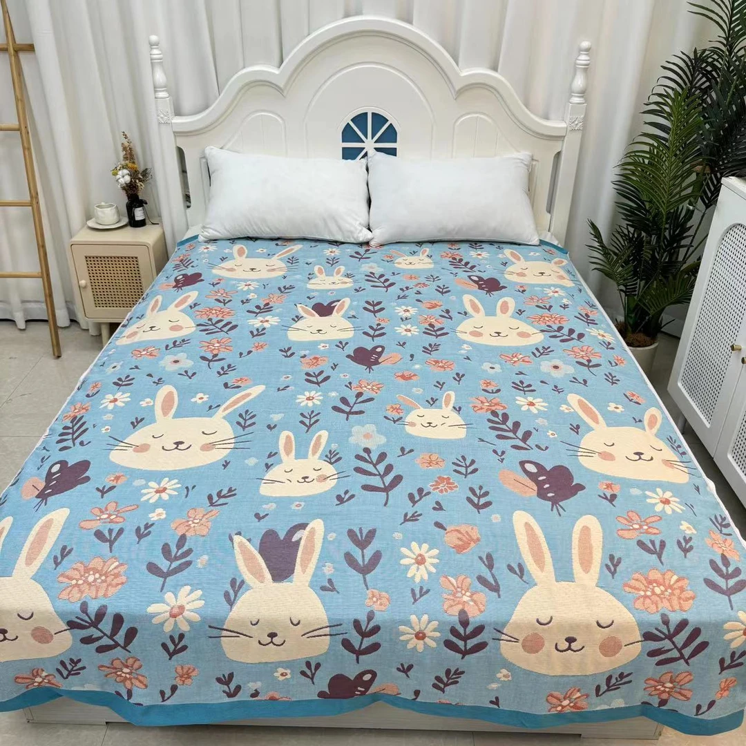 【小兔乐园 床盖】1.5x2米多层纱布单人提花四季多功能床盖毯休闲毯