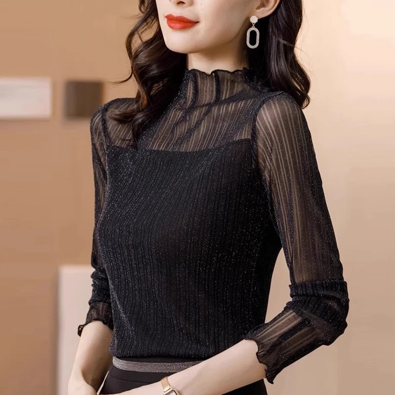 大码半高领蕾丝打底衫女内搭黑色网纱长袖t恤小衫上衣胖mm春秋冬