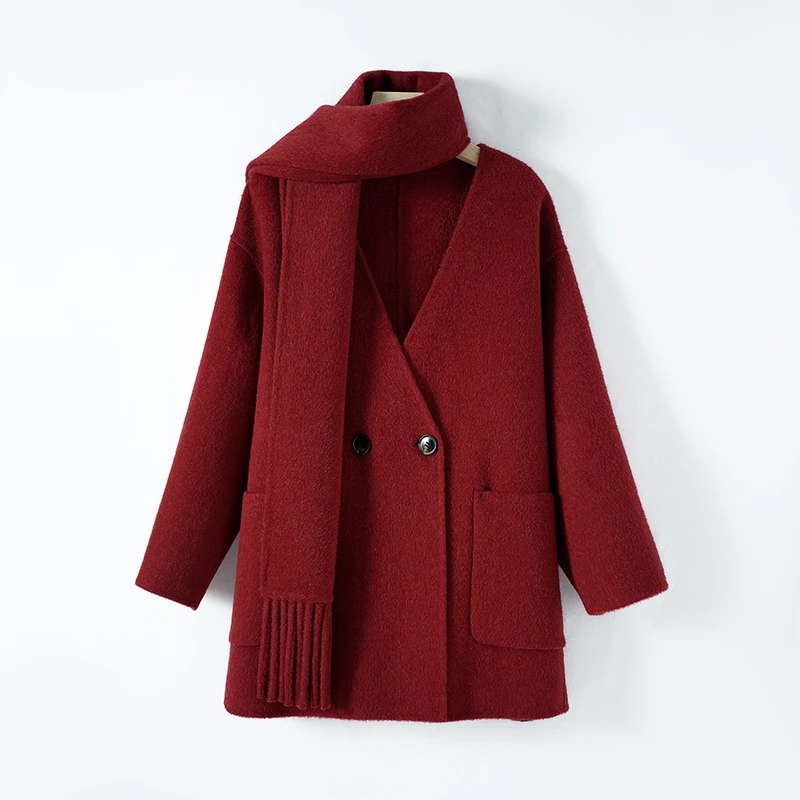 双面呢大衣气质宽松中长款翻领秋冬冬季88102