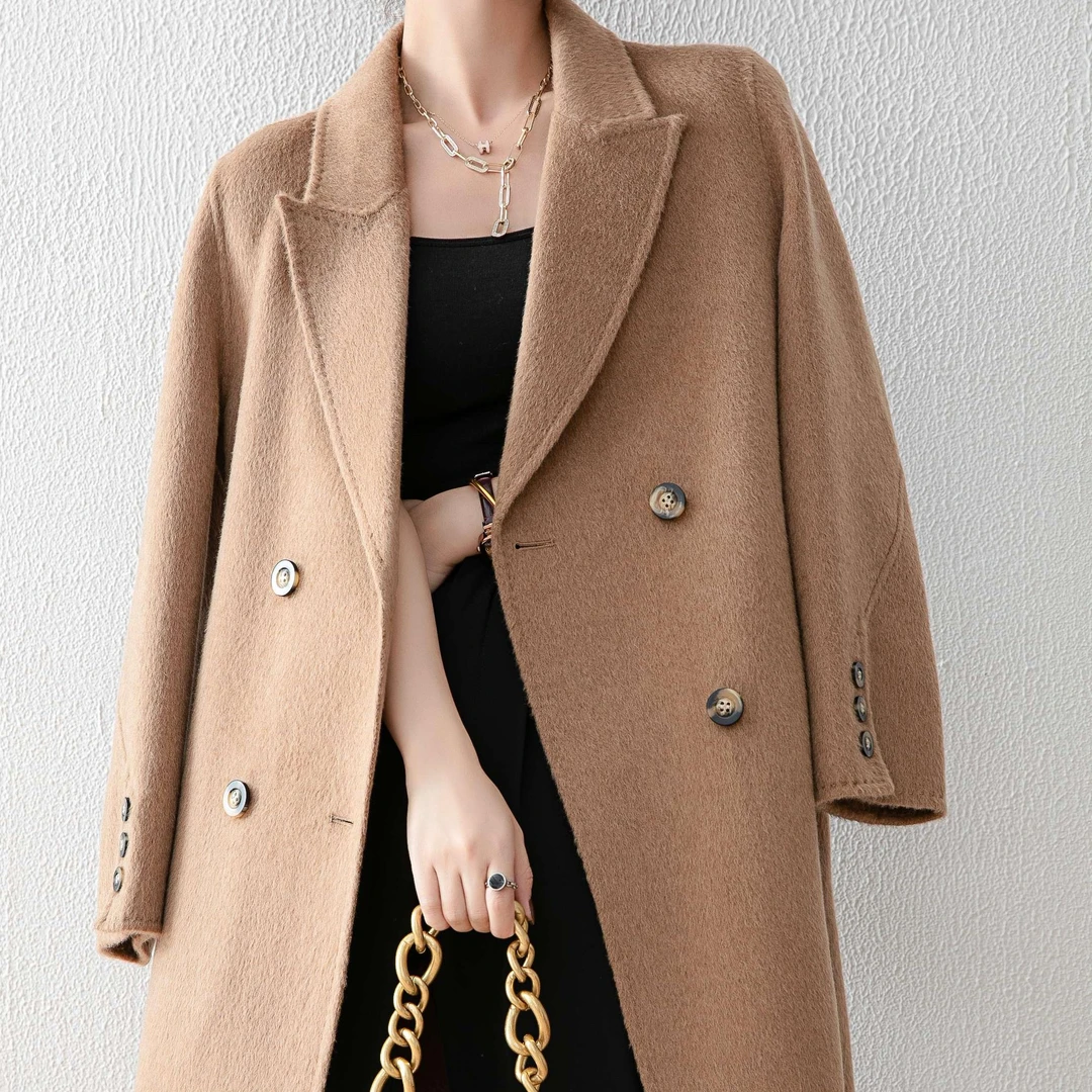 MUYIJIA/木衣嘉女装冬季新款翻领双面毛呢大衣驼绒长款外套23605